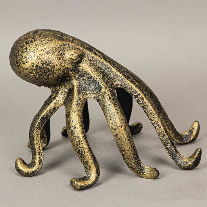 Set of 2 Gold Cast Iron Octopus Phone Holder Stand Decorative Bookend Home Decor