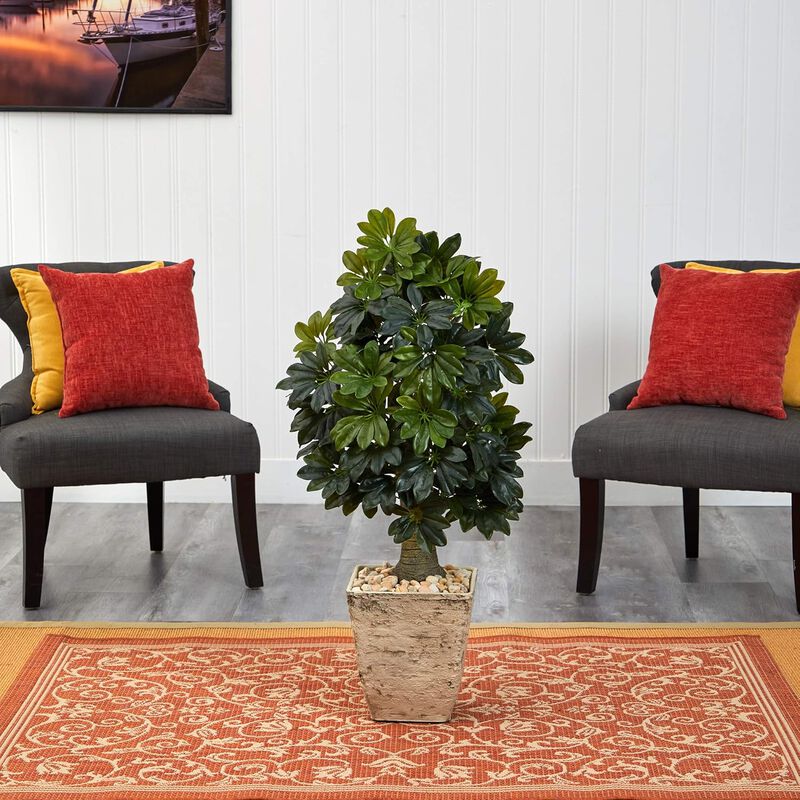 Hivvago 3.5 Feet Schefflera Artificial Tree in Country White Planter (Real Touch)