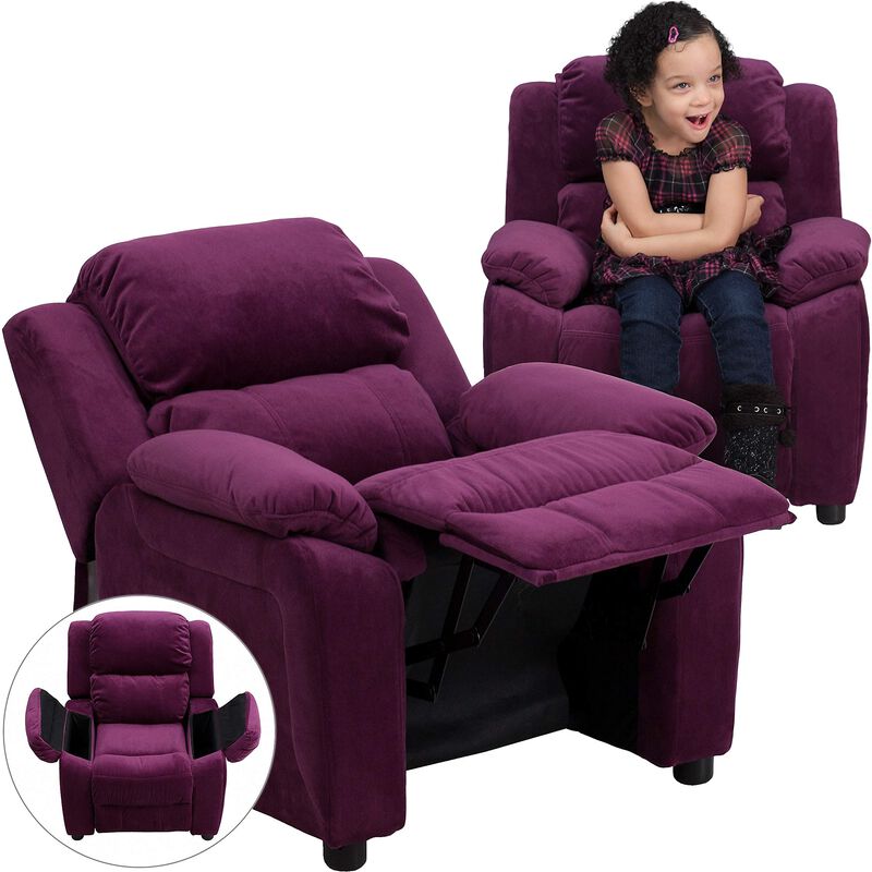 Flash Furniture Charlie Microfiber Kids Recliner with Flip-Up Storage Arms and Safety Recline, Contemporary Reclining Chair for Kids, Supports up to 90 lbs., Purple