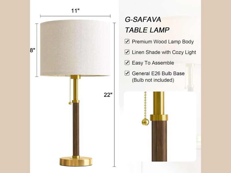 Mid Century Table Lamps Set of 2 Wood Gold Bedroom Bedside Nightstand Lamps image number 2