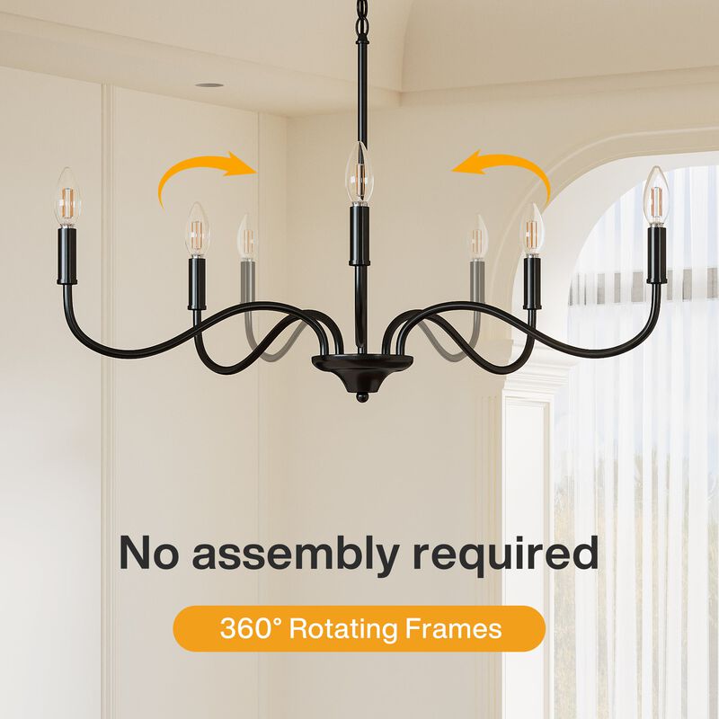 Matte Black Five-Light Modern Chandelier, Adjustable Rotating Arms image number 8