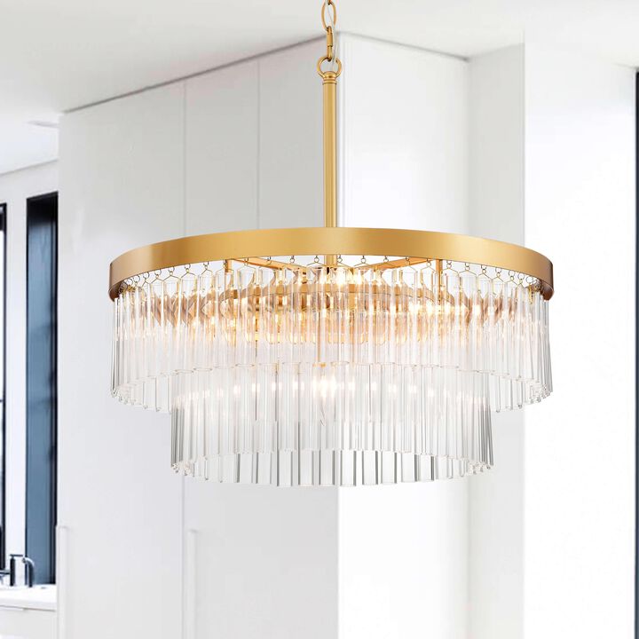 Clio Glossy Bronze 5-light Two-Tier Crystal Glass Rod Drum Chandelier