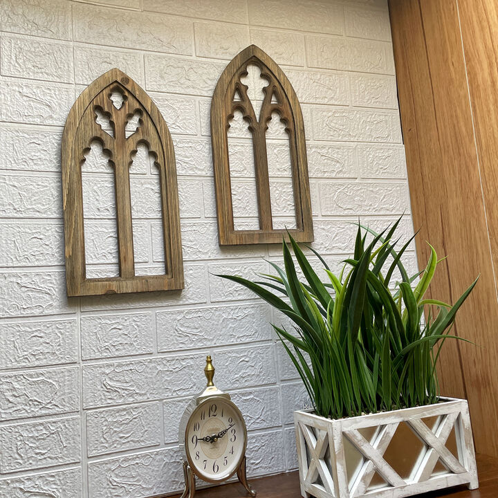 Blackwashed Wood Gothic Arch Window Frame Wall Decor 2 Piece Set