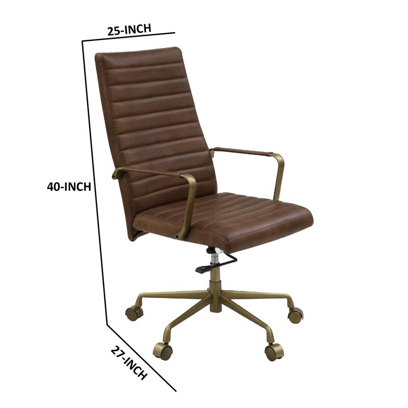 Office Chair with Leather Seat and Channel Stitch, Brown-Benzara