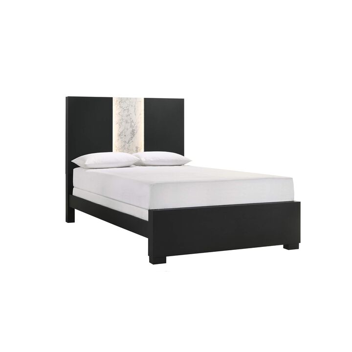 Amey Queen Panel Bed, Built In Light, White Marble Trim, Black Wood