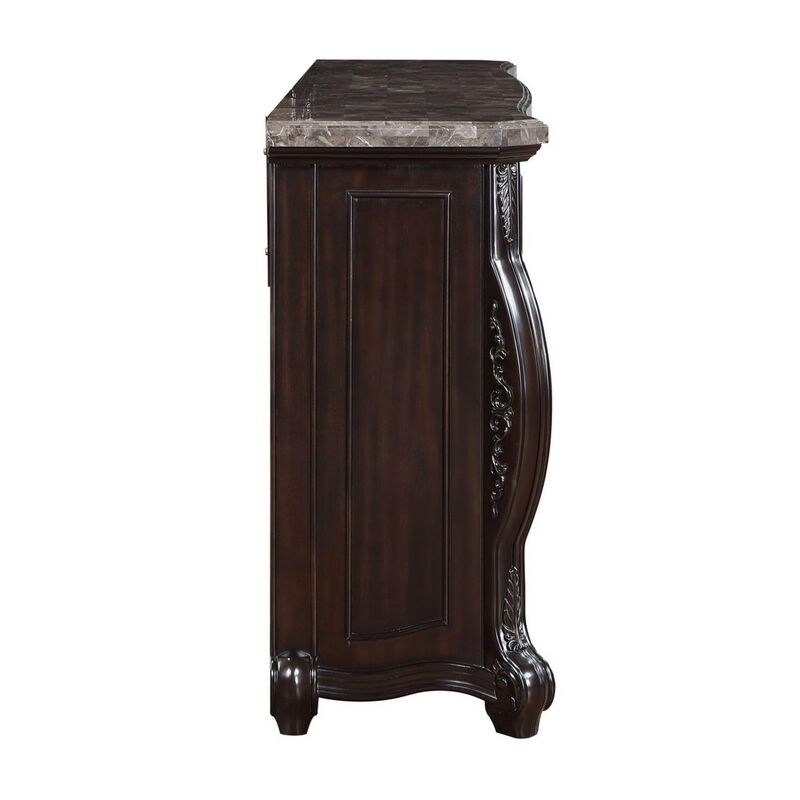 Benjara Faya 68 Inch Wide Dresser, 9 Drawers, Marble Top, Carved Walnut Wood, Brown, Silver