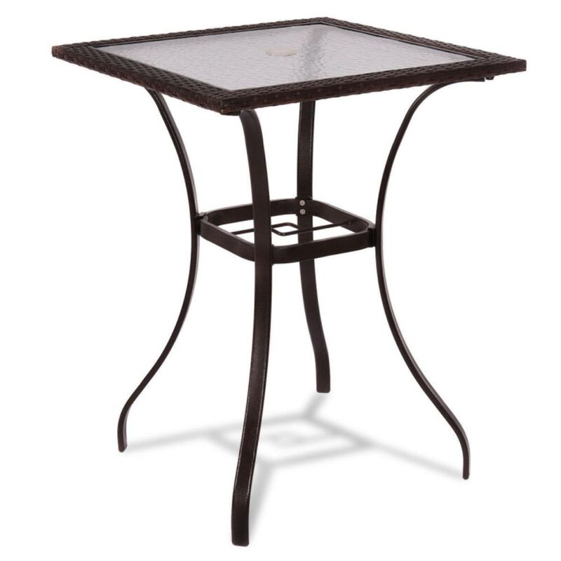Hivvago 28.5 Inch Outdoor Patio Square Glass Top Table with Rattan Edging