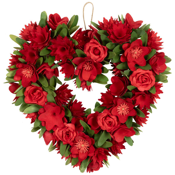 Mixed Floral Artificial Valentine's Day Heart Wreath - 15" - Red