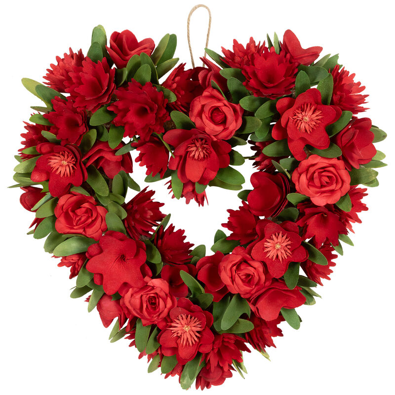 Mixed Floral Artificial Valentine's Day Heart Wreath - 15" - Red image number 0