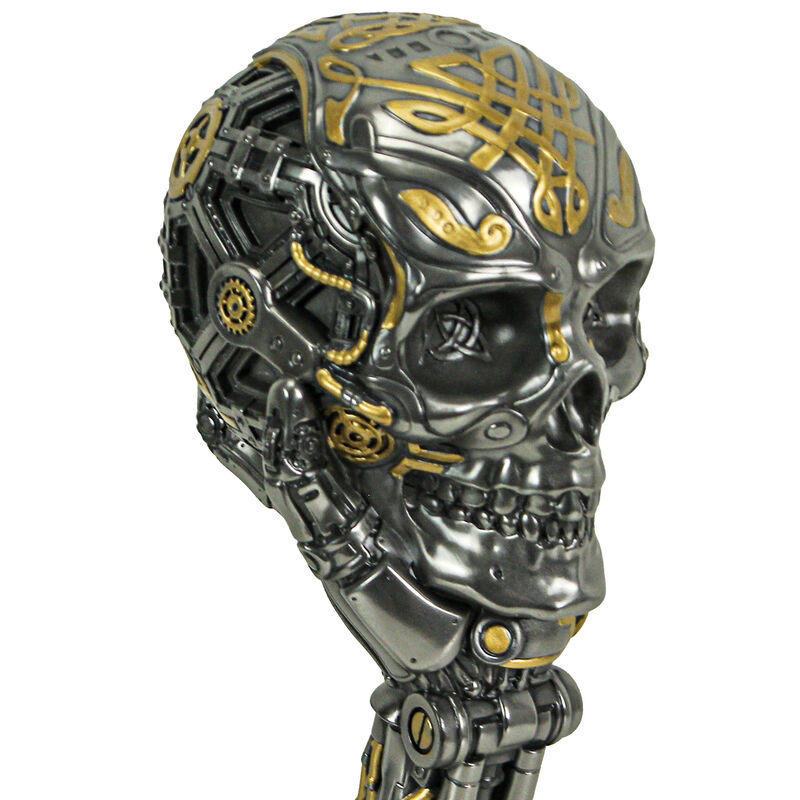 Silver / Gold Finished Steampunk Human Skull Statue - Robotic Arm Base image number 7