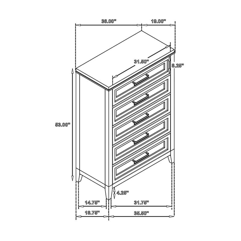 Leva Tall Dresser Chest, Distressed White Acacia Wood, 5 Drawers - Benzara