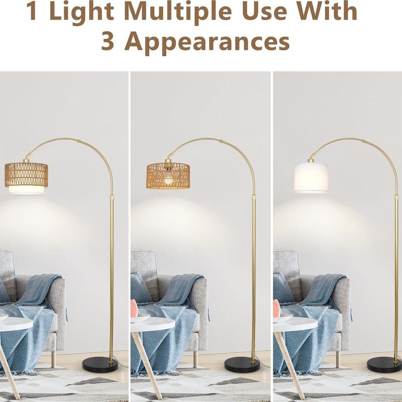 ELEMENT ACE Adjustable Height Arc Floor Lamp with Dimmable LED Bulb, Remote & Foot Switch Control, Rattan & Linen Shades, Tall Standing Lamp for Living Room Bedroom image number 4