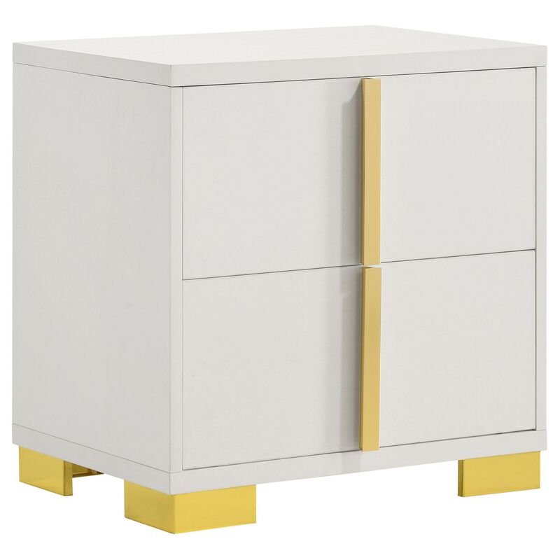 Dex 22 Inch Nightstand, 2 Drawers with Long Vertical Gold Handles, White - Benzara
