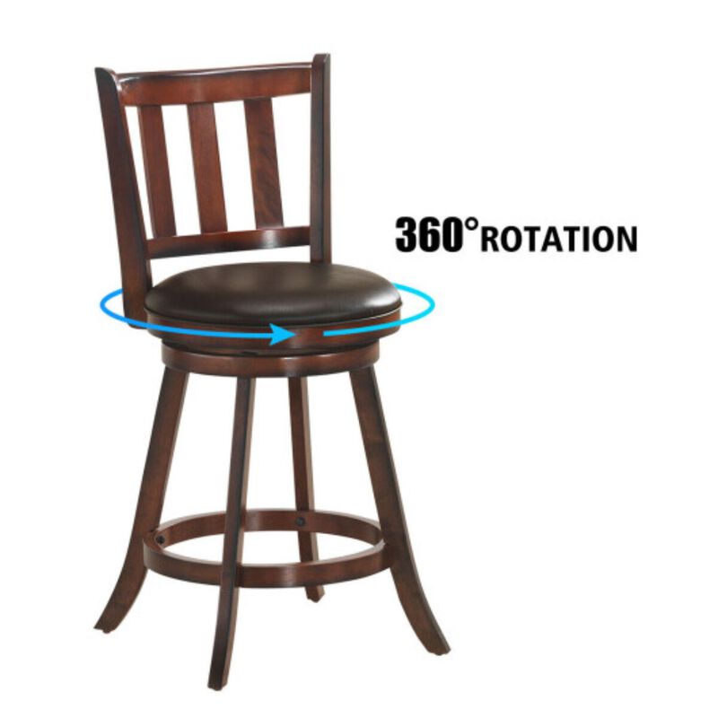 2 Pieces 360 Degree Swivel Wooden Counter Height Bar Stool Set with Cushioned Seat