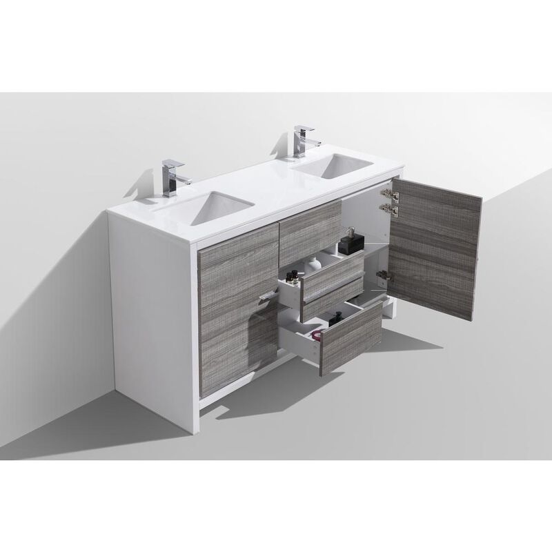 Kubebath 60″ Double Sink Ash Gray Modern Bathroom Vanity with White Quartz Counter-Top