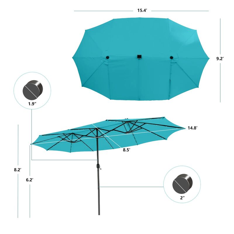 15 Feet Twin Patio Umbrella Double Side Market Umbrella with 48 Solar LED Lights image number 4