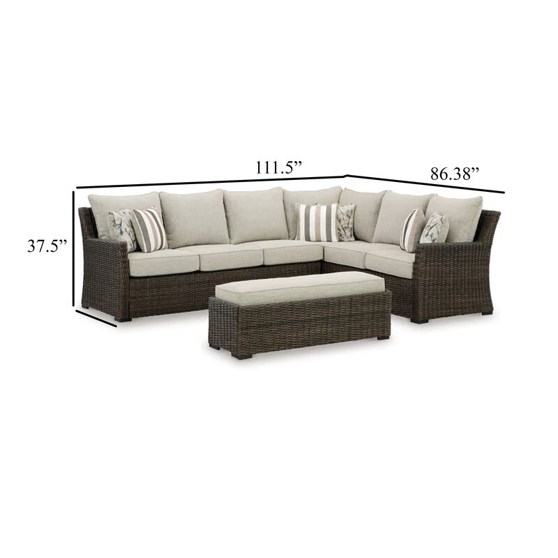 Soha Outdoor 3pc Sectional Sofa, Brown Wicker, Beige Nuvella Cushions - Benzara