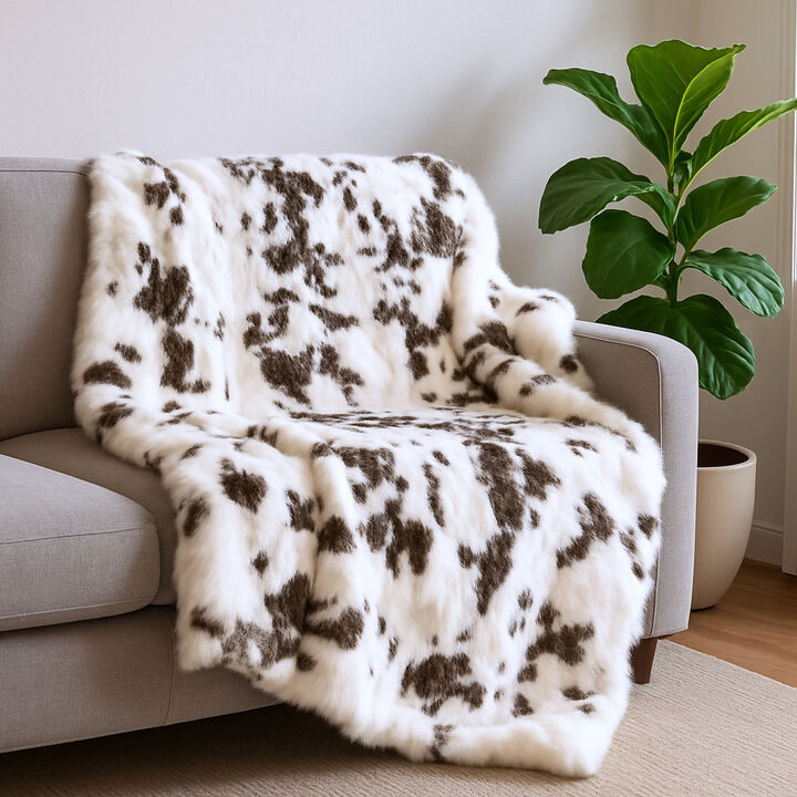 HomeRoots 50" X 60" Brown And White Rabbit Fur Plush Throw Blanket