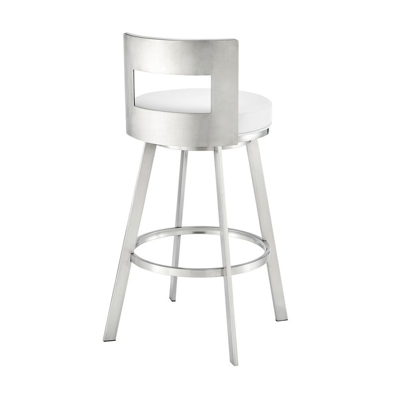 Ami 30 Inch Swivel Barstool Chair, White Faux Leather, Stainless Steel - Benzara