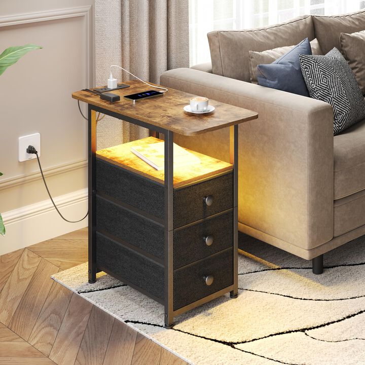 DALEMHOME End Table with Charging Station, Narrow Side Table with 3 Fabric Drawers, Skinny Nightstand with LED Light, Slim Bedsi