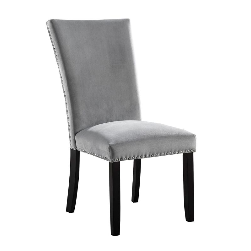 28 Inch Dining Side Chair Set of 2, Padded Gray Flannelette, Black Wood - Benzara