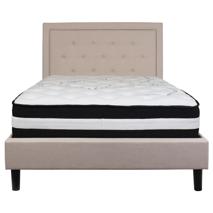 Roxbury Full Size Tufted Upholstered Platform Bed in Beige Fabric with Pocket Spring Mattress