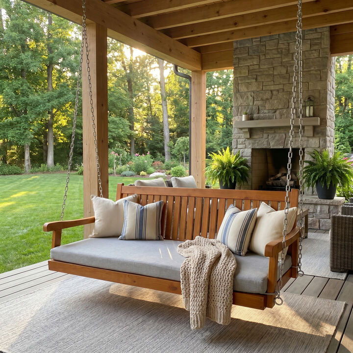 Wooden Porch Swing Bed with Thick Cushion &ndash; 6 FT Outdoor Hanging Daybed for Patio or Porch, Heavy Duty 1000 LBS (Teak Tone)
