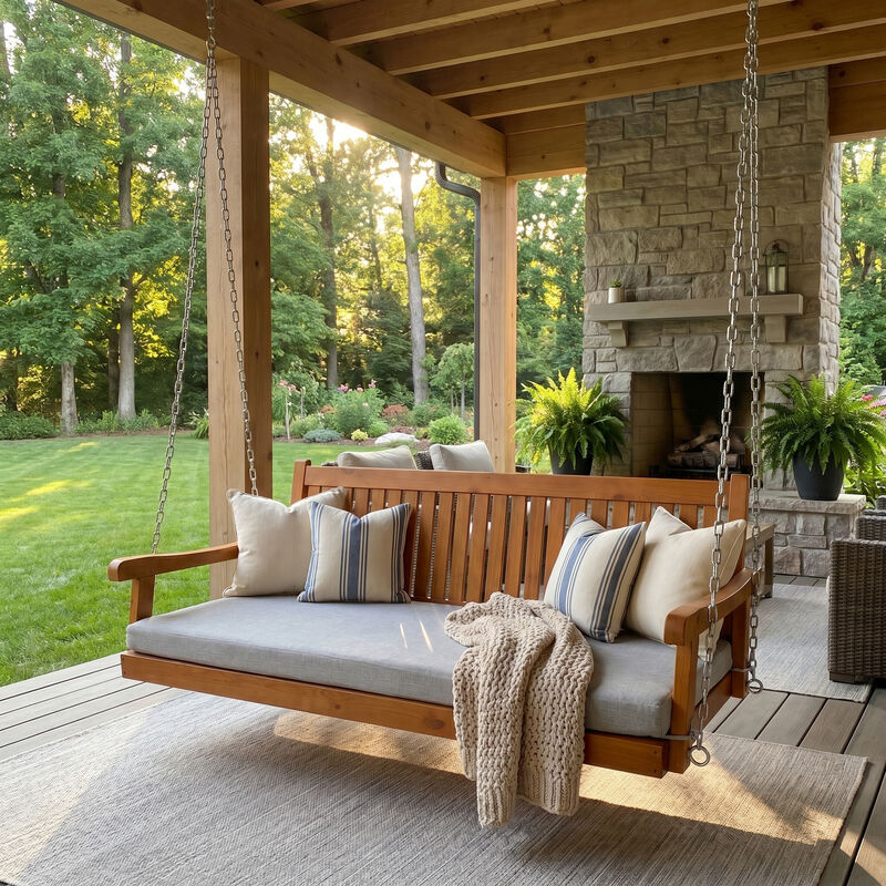 Wooden Porch Swing Bed with Thick Cushion &ndash; 6 FT Outdoor Hanging Daybed for Patio or Porch, Heavy Duty 1000 LBS (Teak Tone) image number 1