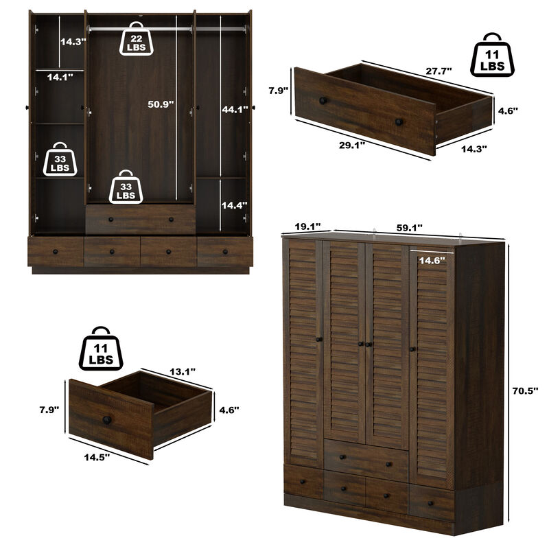 FUFU&GAGA Brown Woodgrain PB Board Wardrobe with 4 Shutter Doors & 5 Drawers, Black Wooden Handles, Modern Storage Cabinet (59.1 in. W x 19.1 in. D x 70.5 in. H)