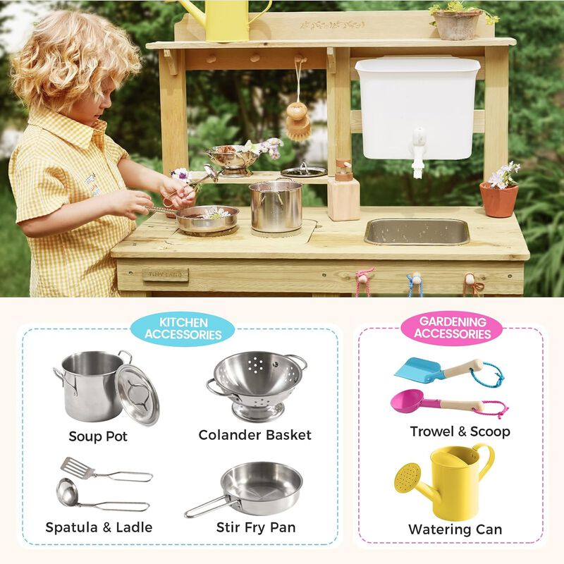 Outdoor Mud Kitchen - Wooden Water Play Kitchen, 12mm Thick Weather-Resistant Wood, 4L Water Tank & Sink, Modular Stove/Sensory Table, Large Storage image number 4