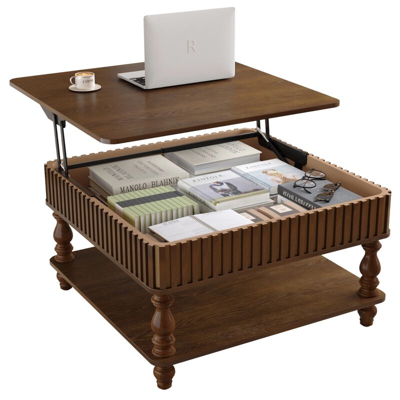 31.5 Inch Modern Square Lift-Top Coffee Table with Hidden Storage Tray, Fluted Wood Design, Wooden Living Room Center Table image number 0