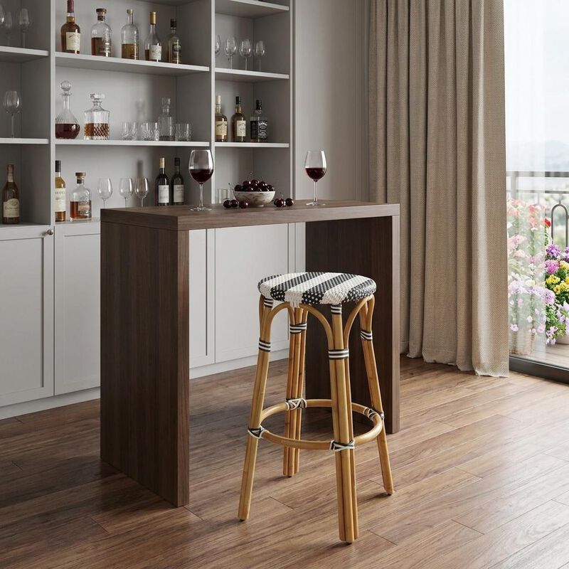 HomeRoots 30" Blue White And Natural Heavy Duty Plastic And Rattan Backless Bar Height Bar Chair image number 1
