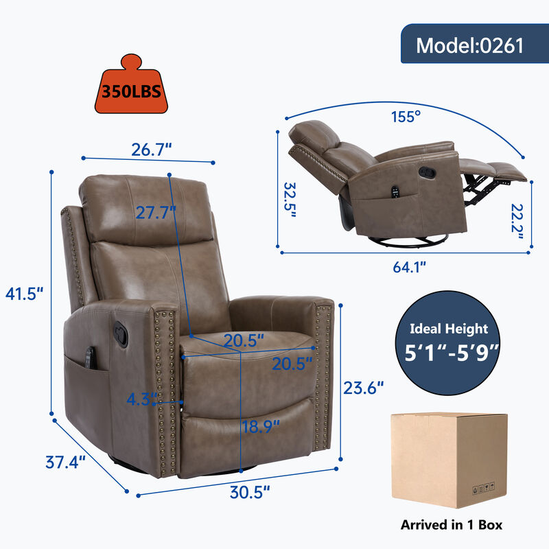 Gnuine Leather Heat Massage Manual Recliner Chair with Rocker and Swivel image number 9
