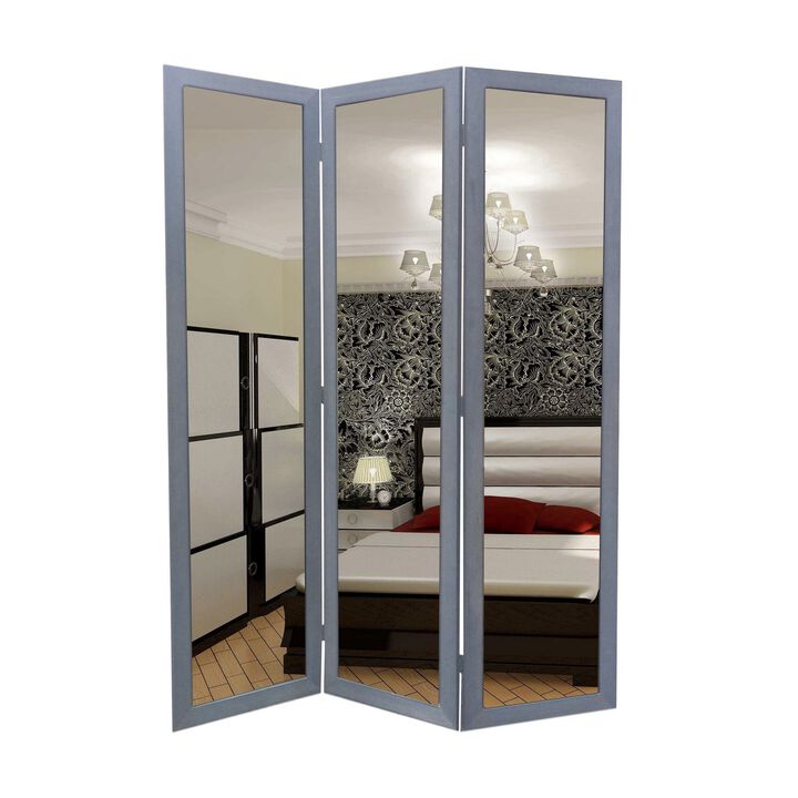 3 Panel Wooden Foldable Mirror Encasing Room Divider,Light Gray and Silver - Benzara