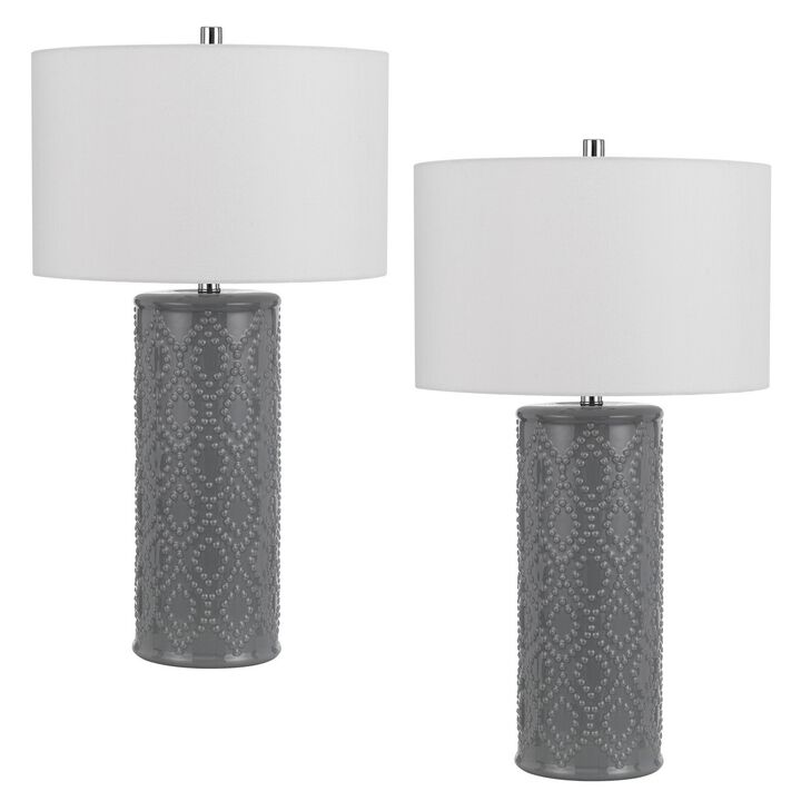 29 Inch Accent Table Lamp Set of 2, Tall Cylinder, Ball Finial Accent, Gray - Benzara