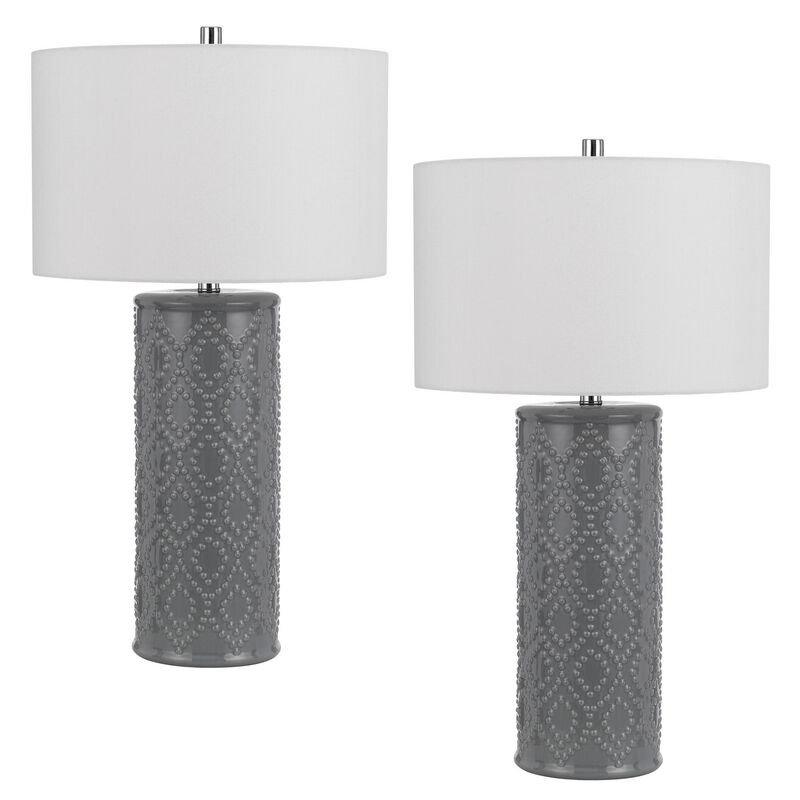 29 Inch Accent Table Lamp Set of 2, Tall Cylinder, Ball Finial Accent, Gray - Benzara
