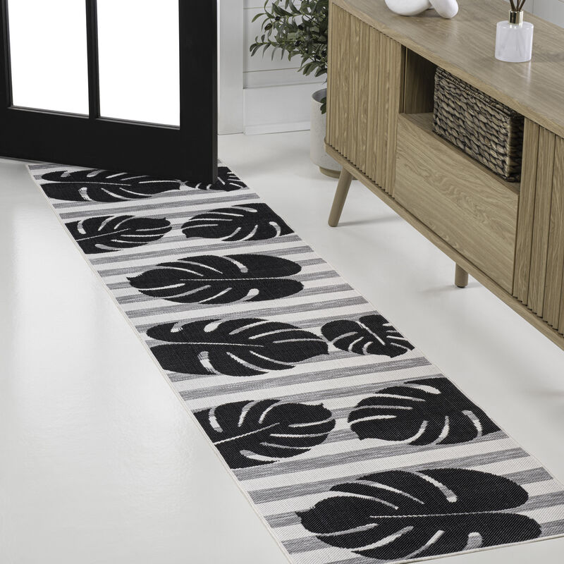 Allison Classic Beach Stripe and Monstera Leaf Indoor/Outdoor Area Rug