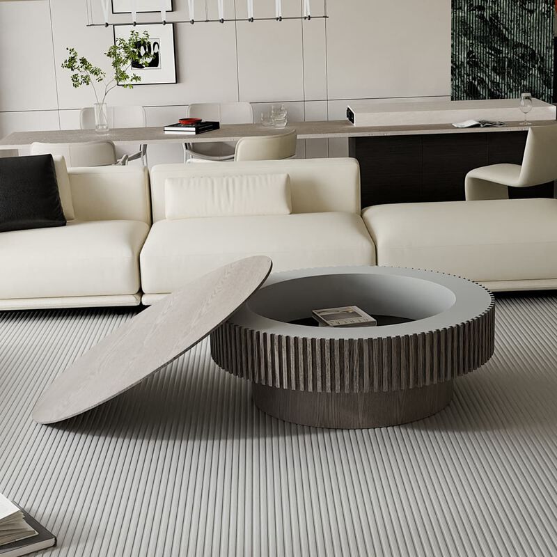 Round coffee table with storage Solid wood veneer and MDF coffee table with fluted base Modern accent coffee table for living room image number 4