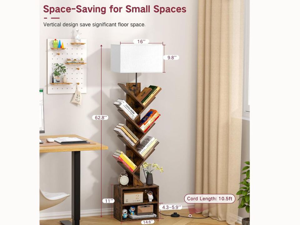 9-Tier Tree Bookshelf with Light & Cabinet – Dimmable Corner Bookcase with Remote & Timer for Living Room, Bedroom