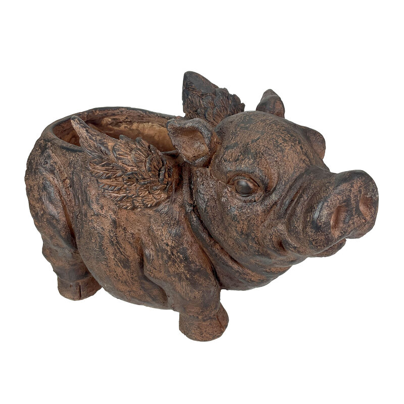 Flying Pig Planter 17" Brown, With Drain Hole, Rustic Indoor Outdoor Decor image number 0