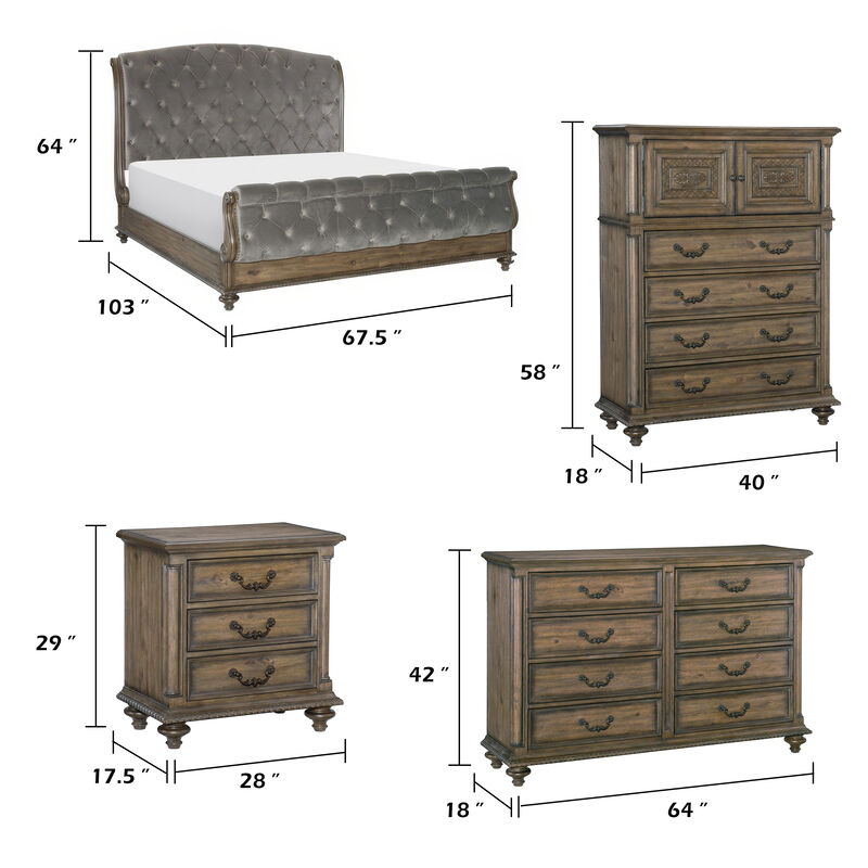Queen Bedroom Set, Gray, Brown Wood, 5 Piece Set with 2 Nightstands, Dresser, and Chest image number 7