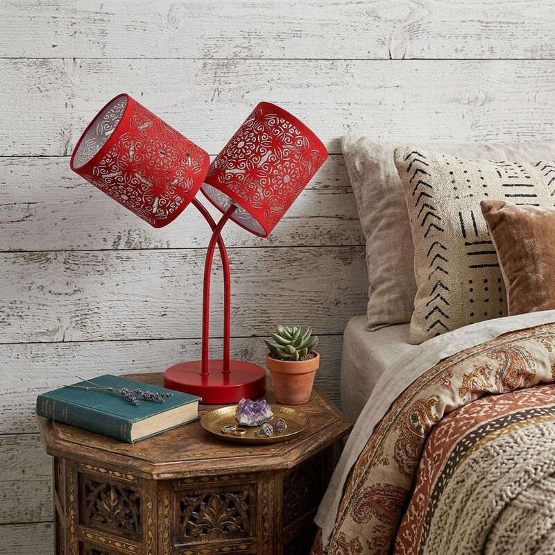 HomeRoots 17" Red Metal Two Light Table Lamp With Red Abstract Drum Shade image number 1