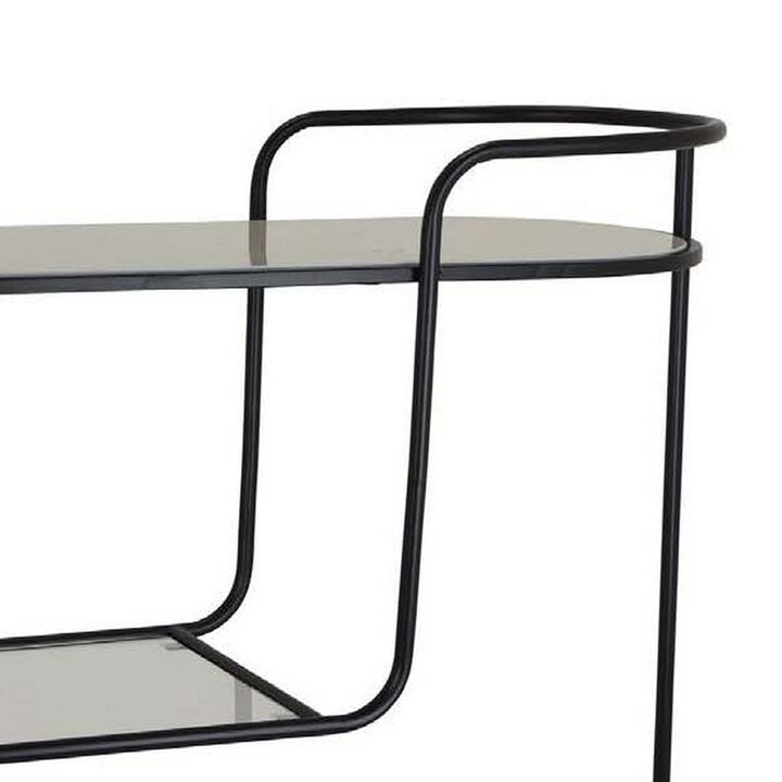 44 Inch Plant Stand Table, Open Metal Frame, 3 Glass Shelves, Black Finish - Benzara
