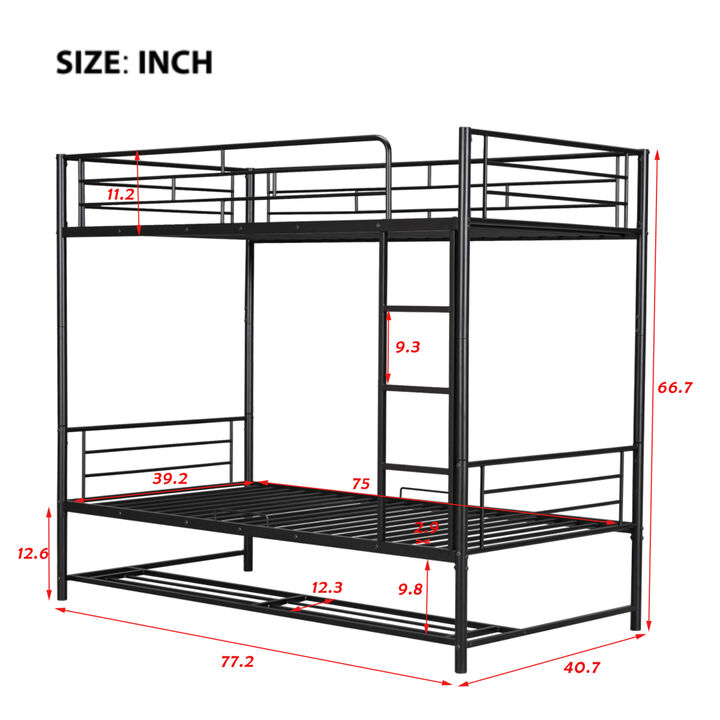 Twin Over Twin Metal Bunk Bed with Shelf and Guardrails, Black