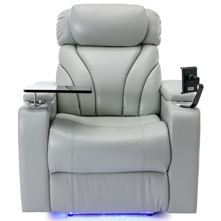 Power Motion Recliner with USB Charging Port and Hidden Arm Storage, Home Theater Seating with Convenient Cup Holder Design, and stereo(light grey)