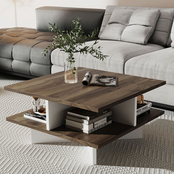 Functional Square Coffee Table with Dual Shelves and 4 Open Storage Sections