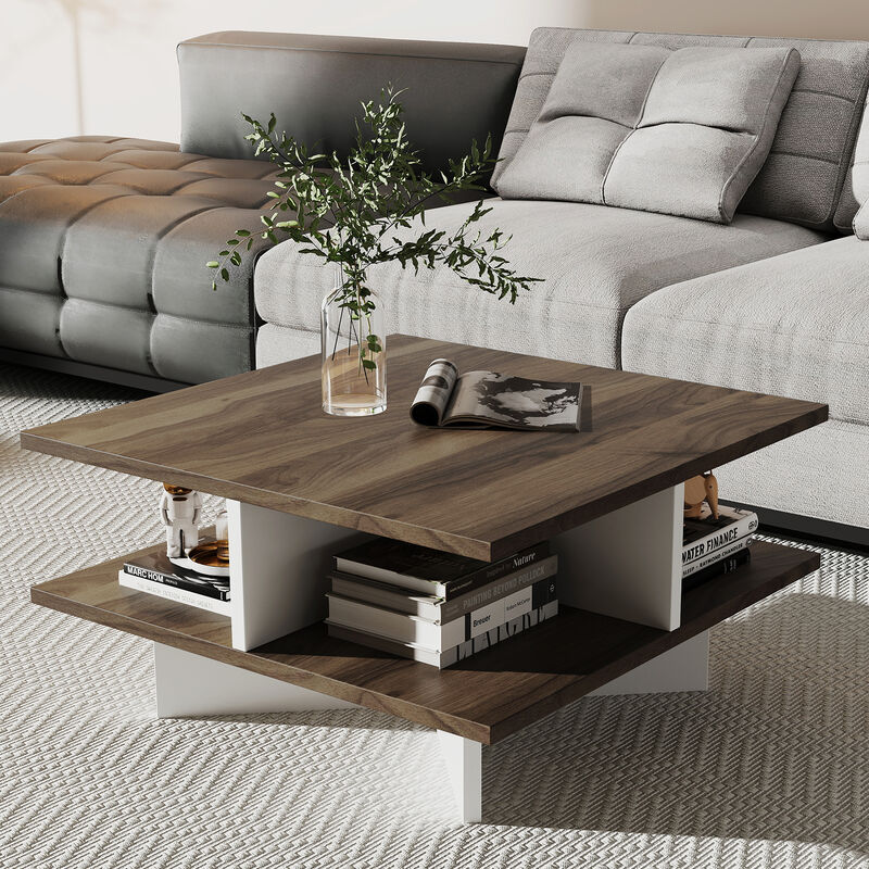 Functional Square Coffee Table with Dual Shelves and 4 Open Storage Sections