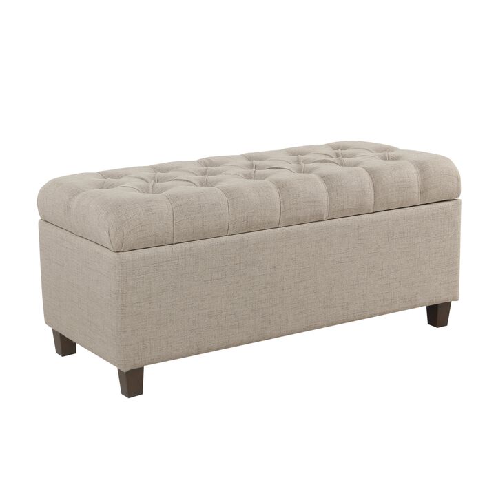 Fabric Upholstered Button Tufted Wooden Bench With Hinged Storage, Beige and Brown - Benzara