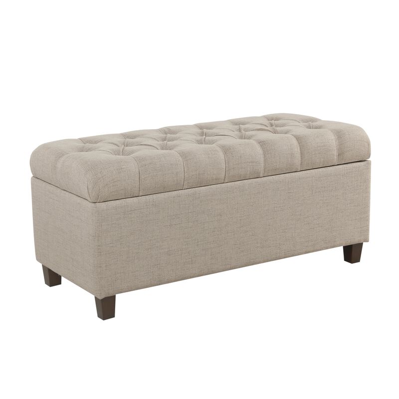 Fabric Upholstered Button Tufted Wooden Bench With Hinged Storage, Beige and Brown image number 0