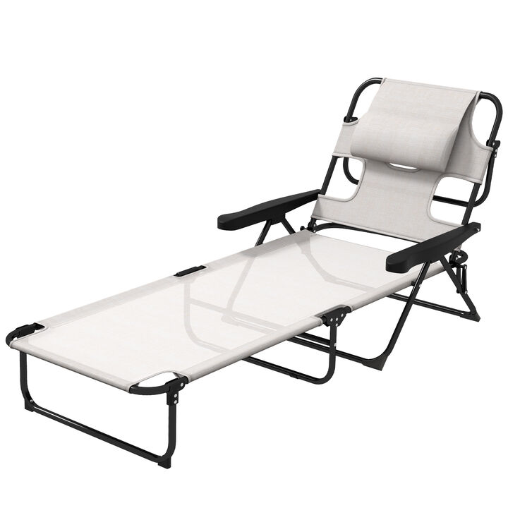 Outsunny Outdoor Chaise Lounge Chair with 4-level Reclining Back, Outdoor Tanning Chair with Reading Hole, Outdoor Folding Chaise Lounge with Headrest, for Beach, Yard, Patio, Cream White